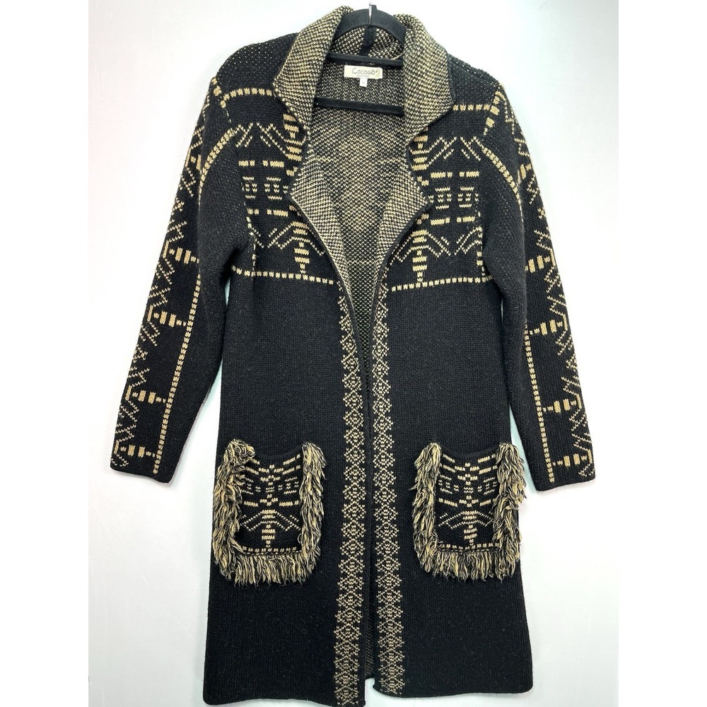 Cocogio Wool Blend Long Cardigan Womens M Tribal Boho Open Front Fringe Sweater